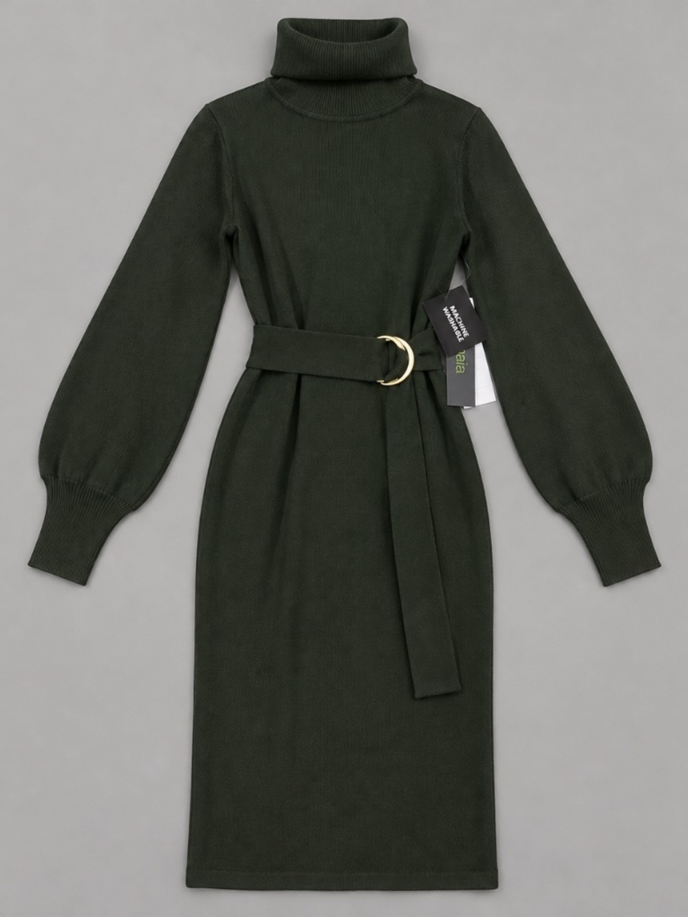 Maia Dark Olive Knit Turtleneck Midi Dress with Belt – Size XS - Picture 2 of 2